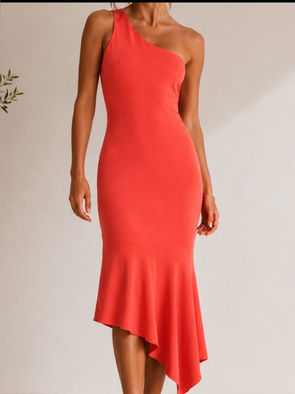 Cinq à Sept Dulcina One Shoulder Asymmetrical Handkerchief Hem Midi Dress Coral